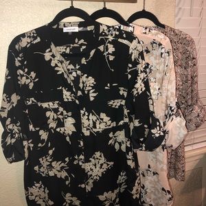 Bundle Calvin Klein Tab Sleeve blouses in black/latte, blush/snake, blush/print